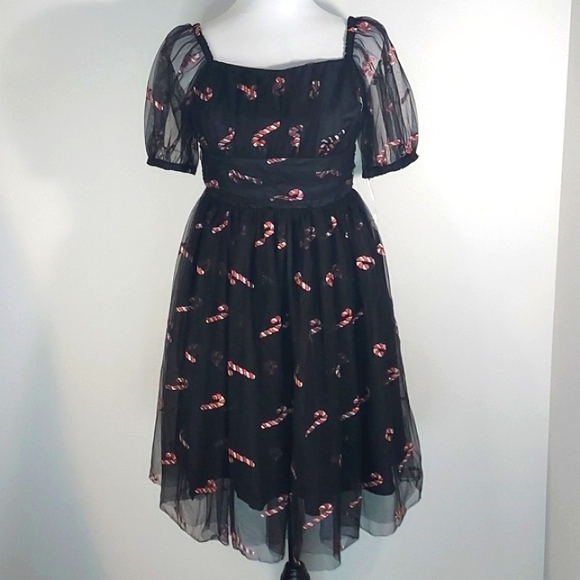 Unique Vintage Dresses & Skirts - Unique Vintage Black Glitter Sheer Mesh Candy Cane Babydoll Dress Size S/4 NWT